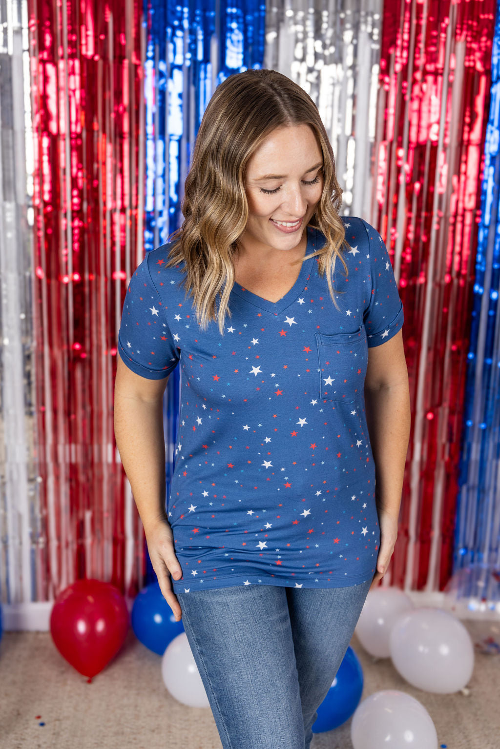 Michelle Mae Sophie Pocket Tee - Blue Liberty Stars