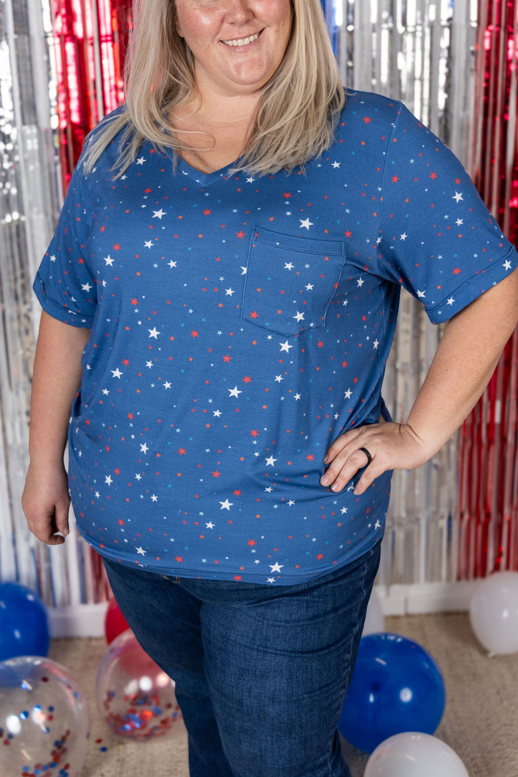 Michelle Mae Sophie Pocket Tee - Blue Liberty Stars