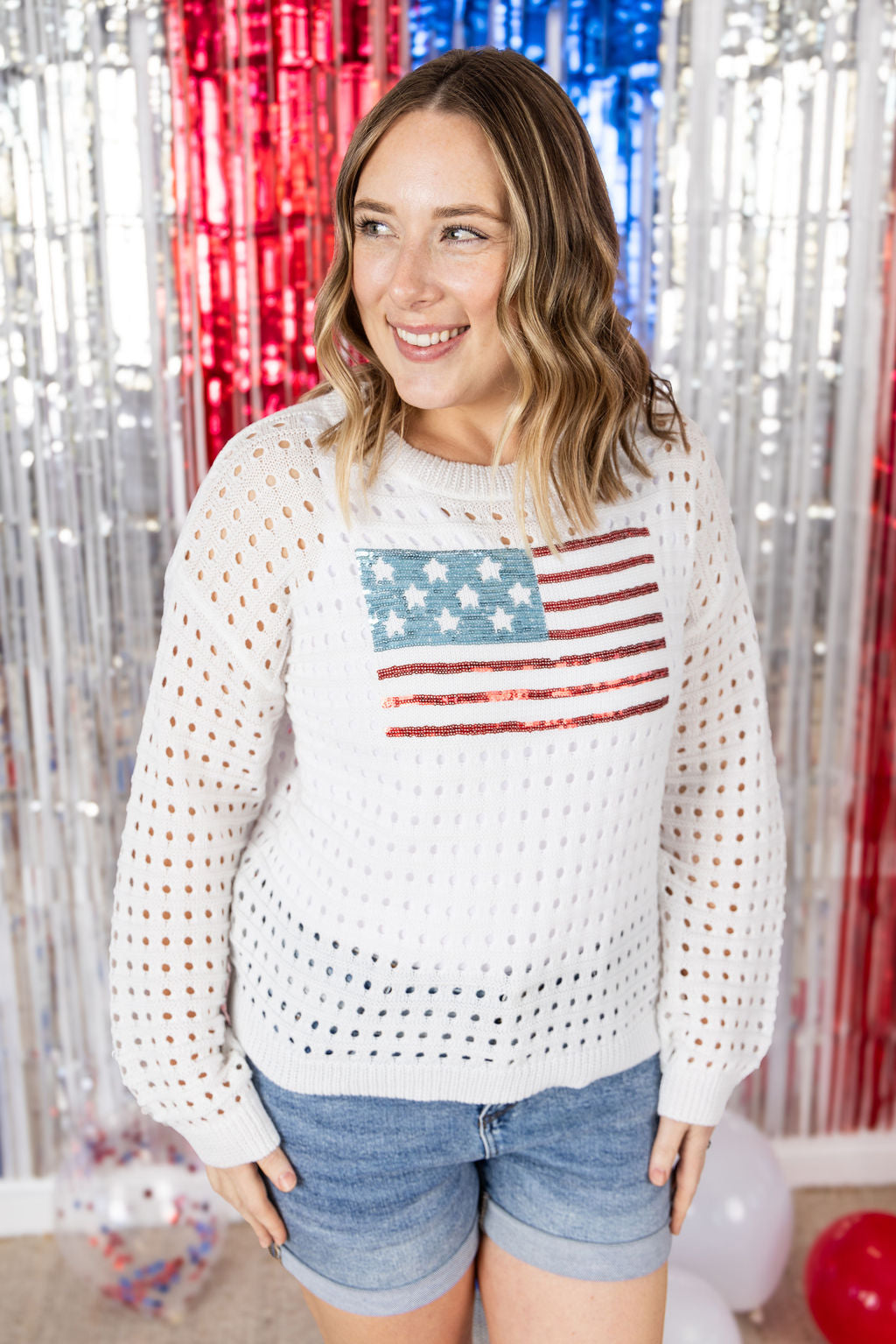 Michelle Mae USA Sequin Flag Open Knit Pullover