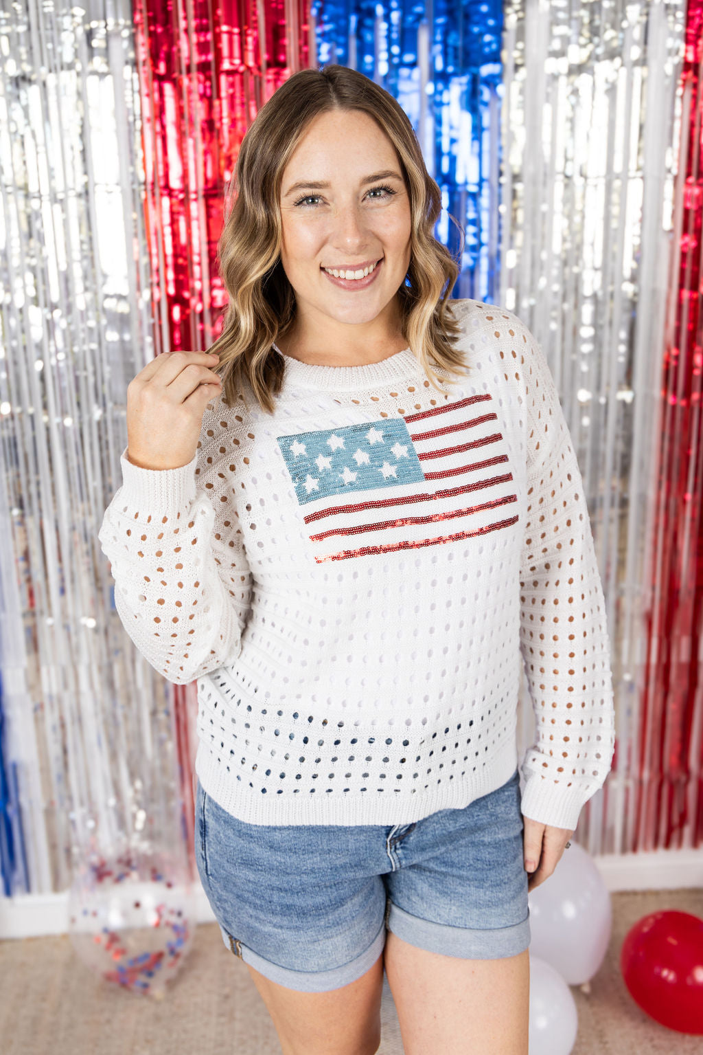Michelle Mae USA Sequin Flag Open Knit Pullover