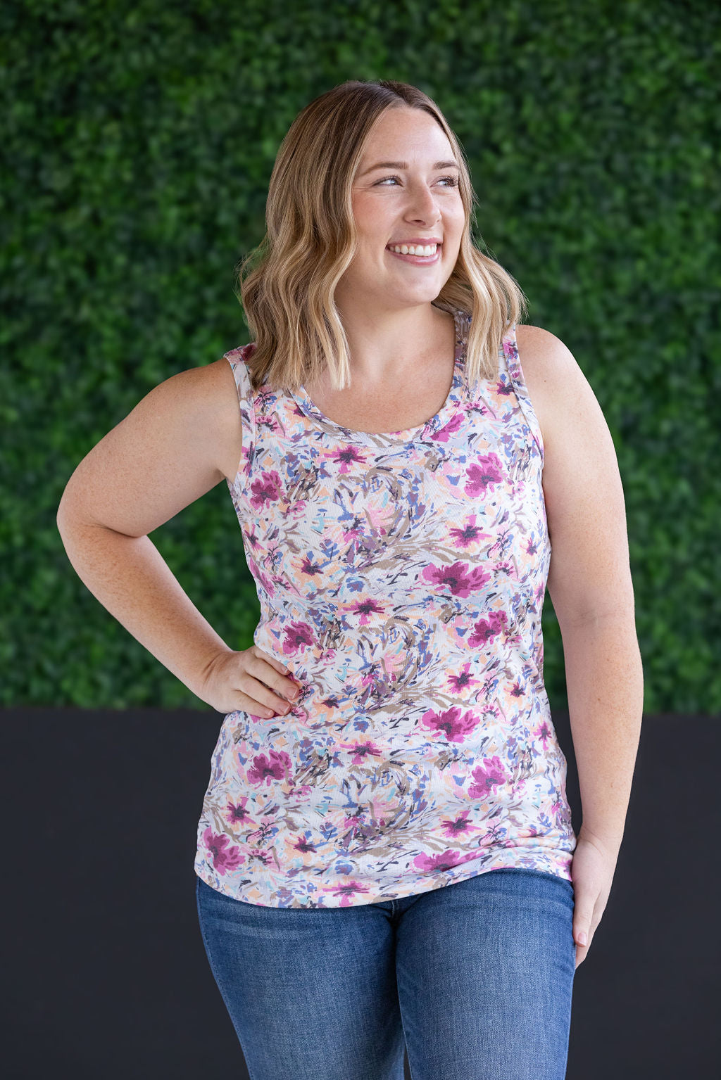 Michelle Mae Ava Tank - Pink and Periwinkle Abstract Floral