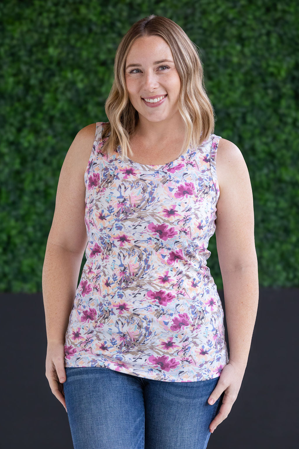 Michelle Mae Ava Tank - Pink and Periwinkle Abstract Floral