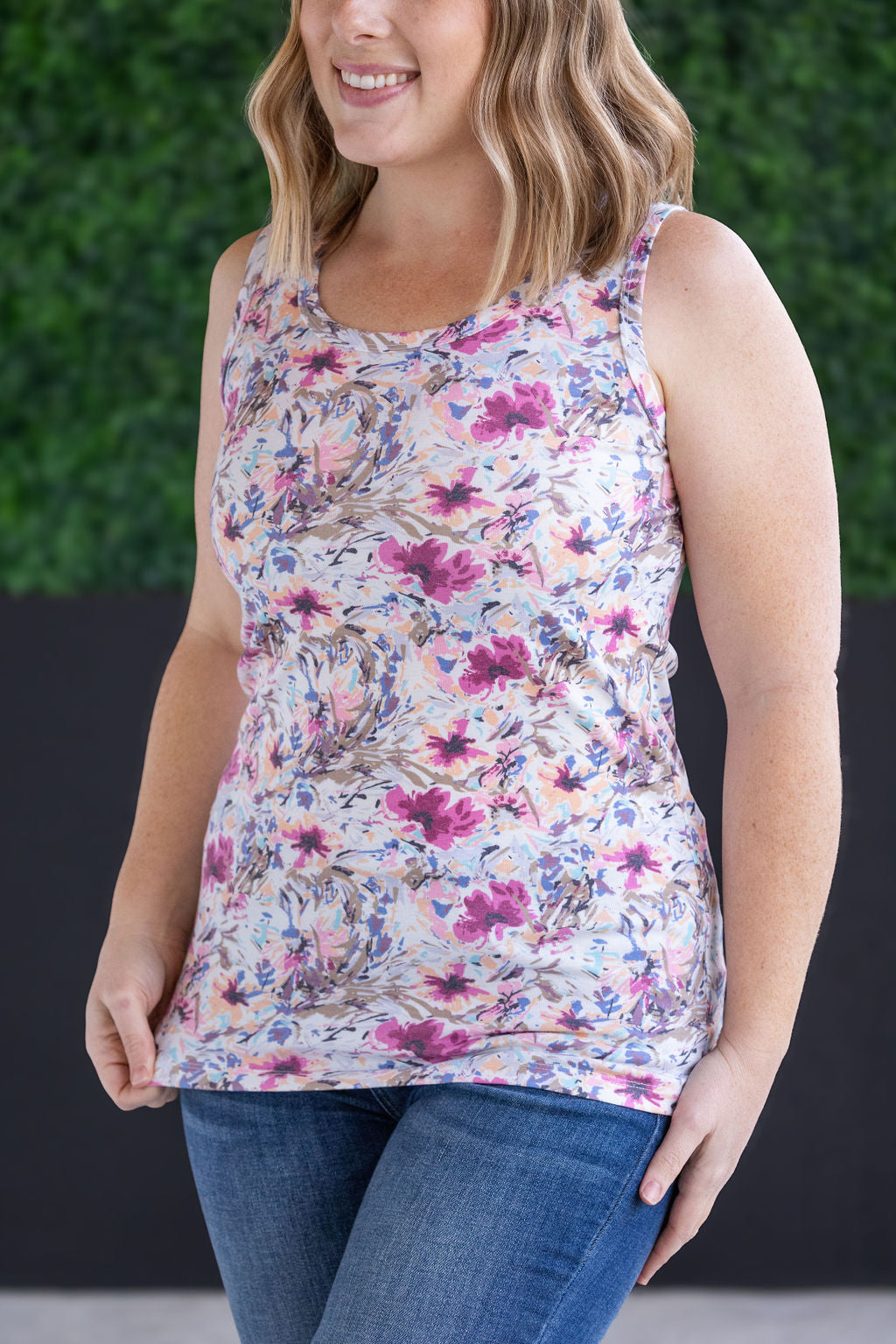 Michelle Mae Ava Tank - Pink and Periwinkle Abstract Floral