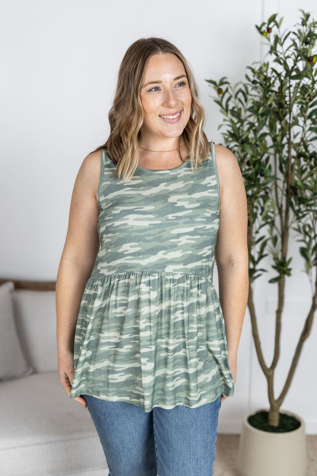 Michelle Mae Renee Ruffle Tank Top - Camo
