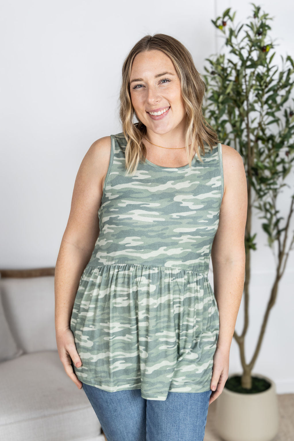 Michelle Mae Renee Ruffle Tank Top - Camo