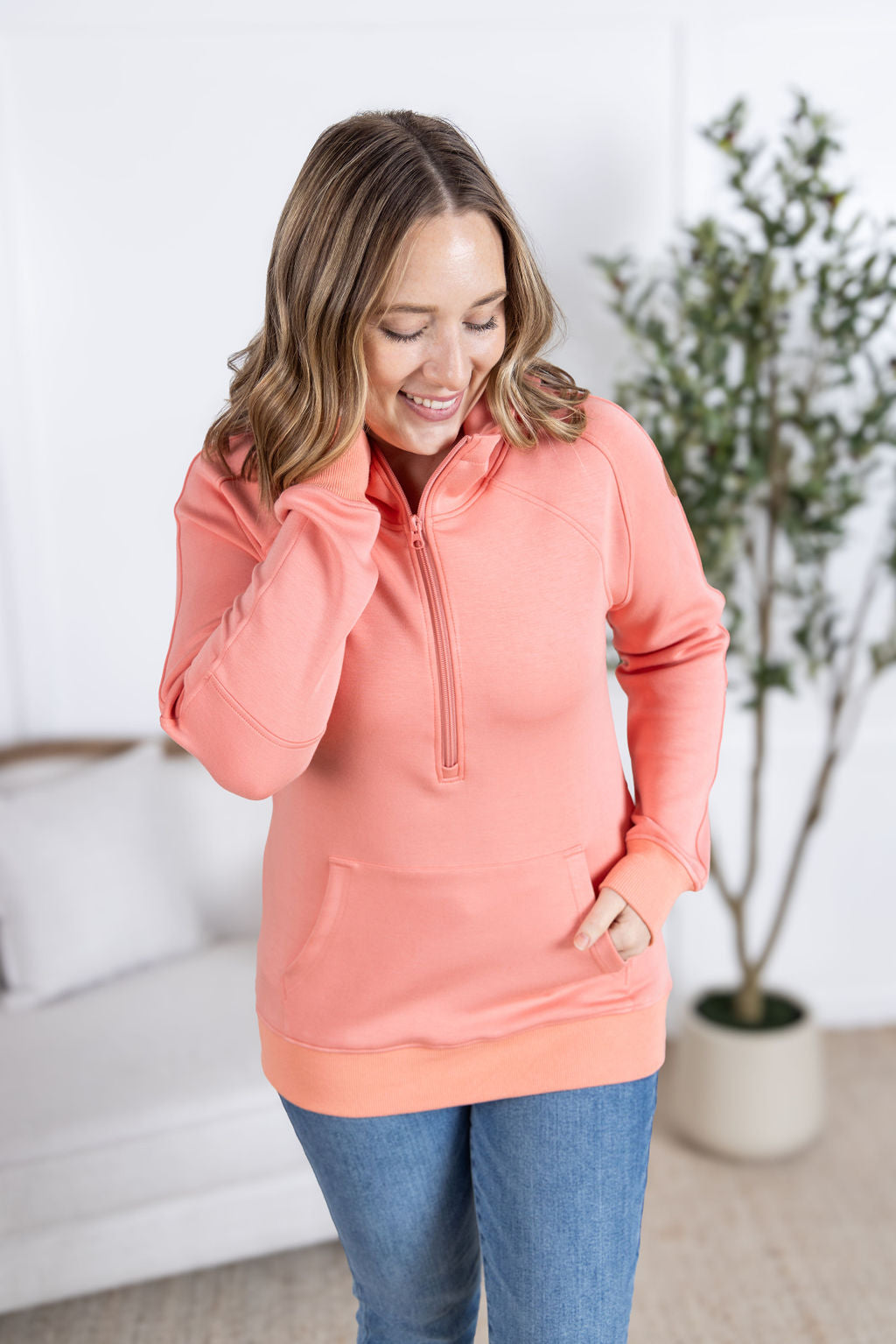 Michelle Mae Scuba HalfZip Hoodie - Coral