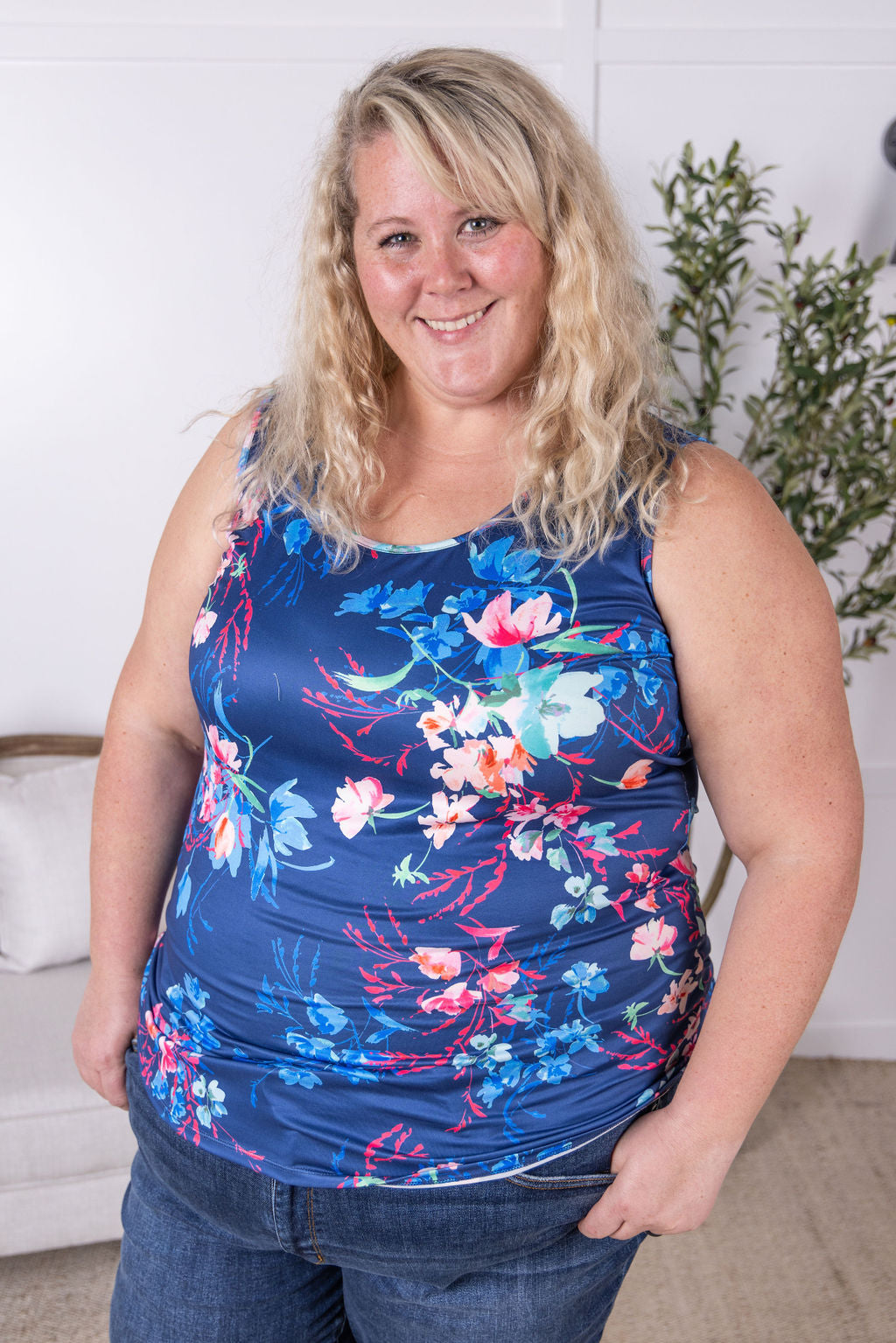 Michelle Mae Luxe Crew Tank - Navy Floral Bliss
