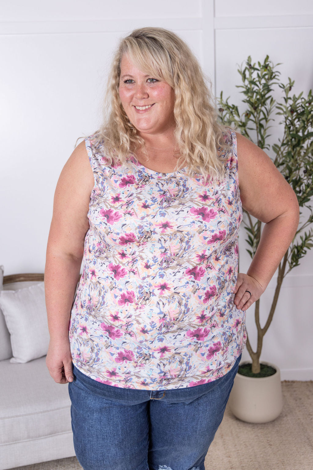 Michelle Mae Ava Tank - Pink and Periwinkle Abstract Floral
