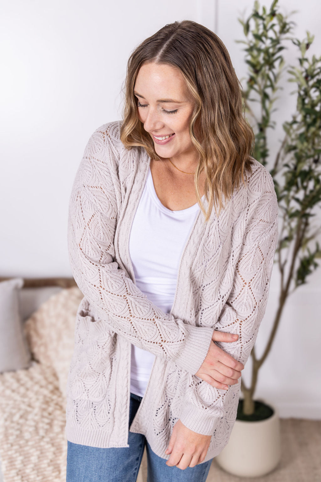 Michelle Mae Open Knit Cardigan - Neutral