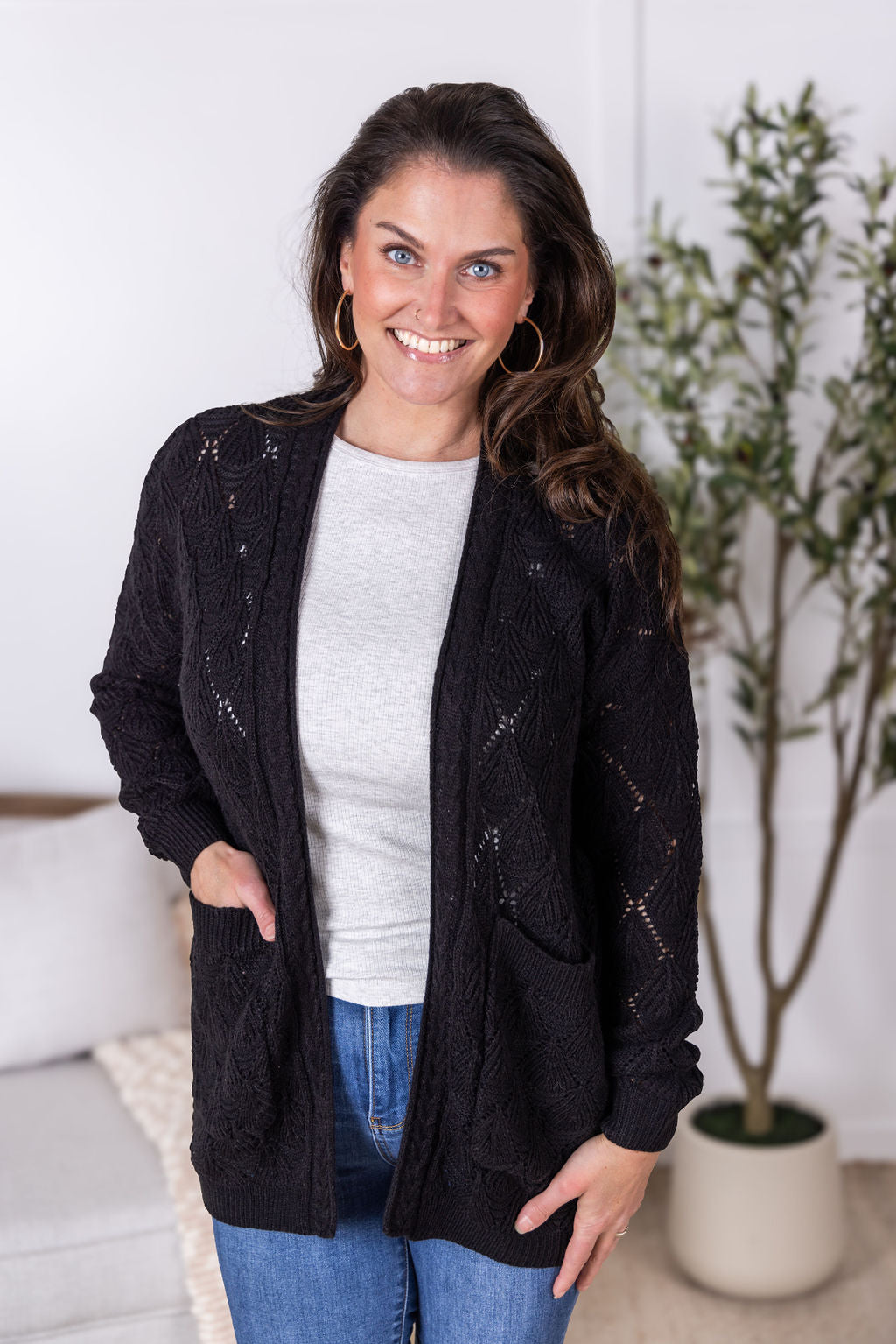 Michelle Mae Open Knit Cardigan - Black