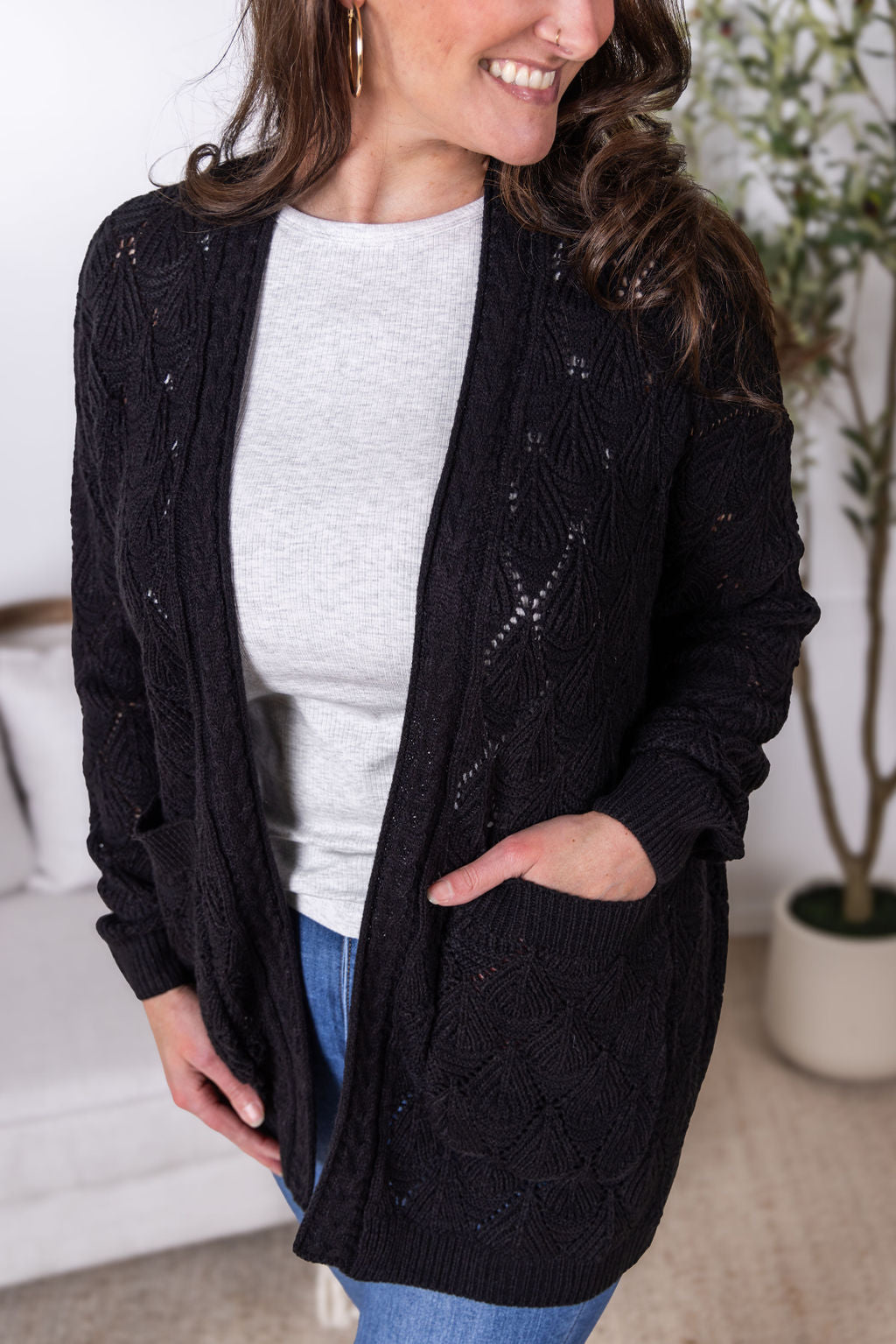 Michelle Mae Open Knit Cardigan - Black