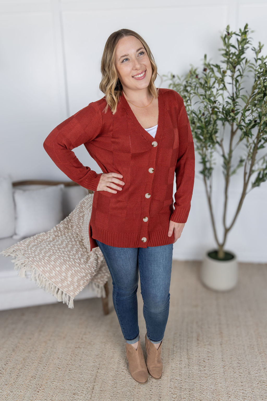 Michelle Mae Chelsea Checkered Cardigan - Brick