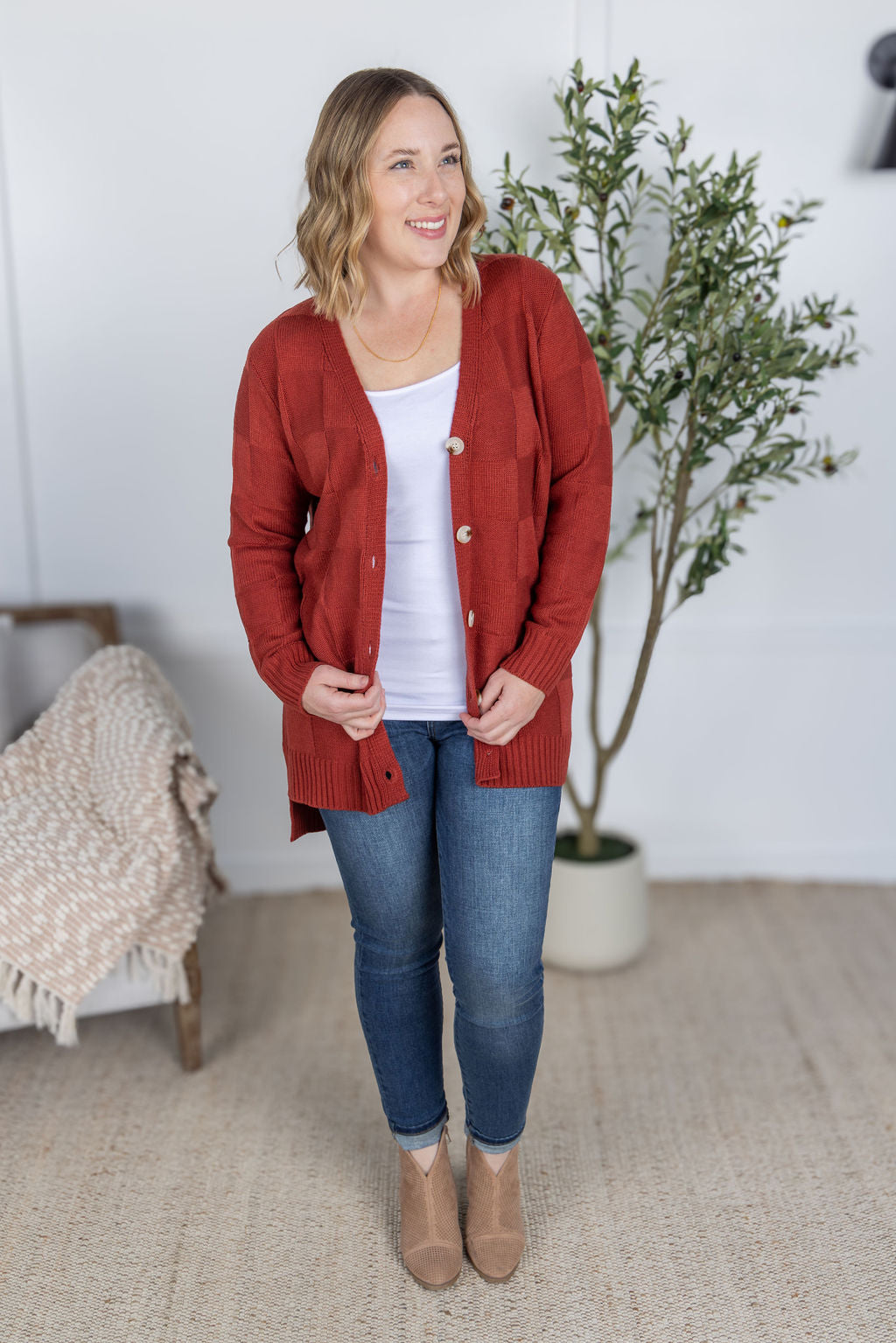 Michelle Mae Chelsea Checkered Cardigan - Brick