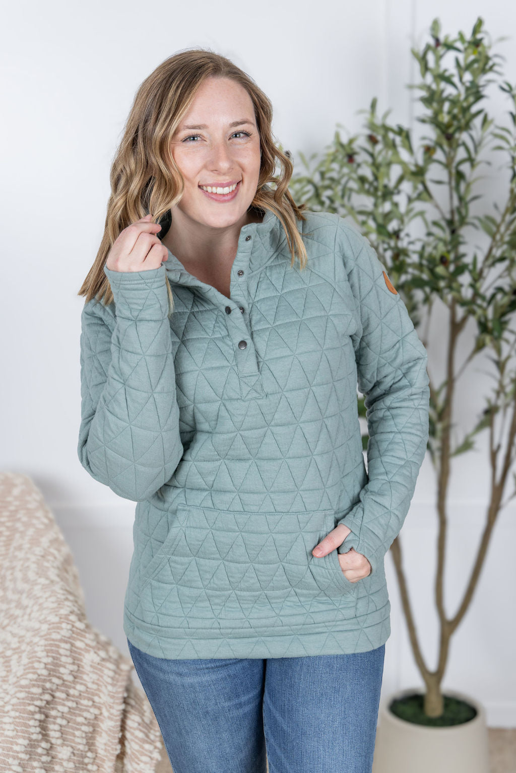 Michelle Mae Geometric Button Snap Pullover - Sage