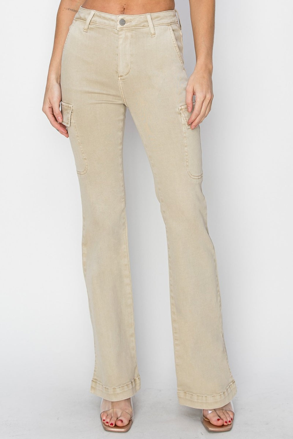 Sunshine On My Mind Side Slit Cargo Bootcut Jeans (STONE)