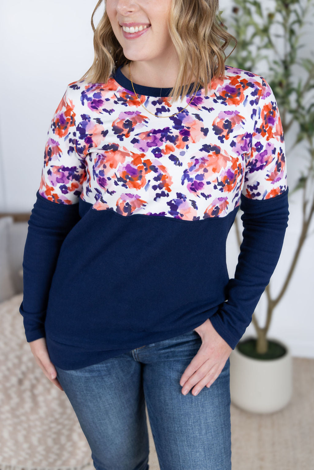 Michelle Mae Natalie Pullover - Autumn Purple Abstract and Navy