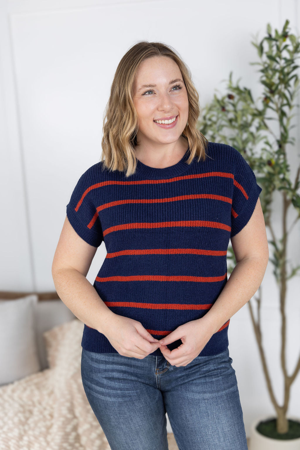 Michelle Mae Striped Sweater Top - Navy