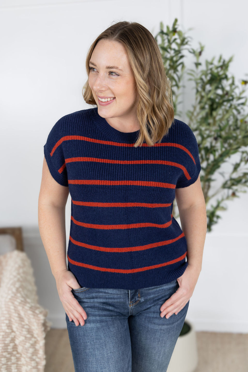 Michelle Mae Striped Sweater Top - Navy