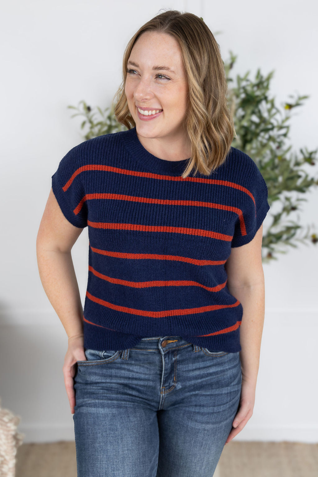 Michelle Mae Striped Sweater Top - Navy