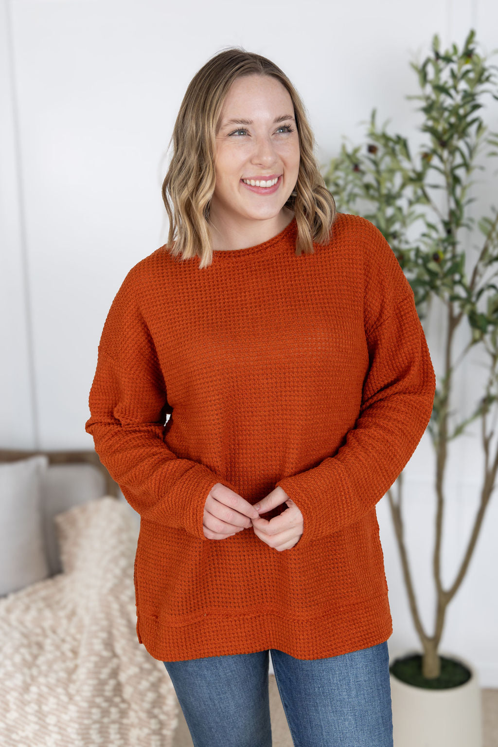 Michelle Mae Waffle Knit Long Sleeve Top - Pumpkin