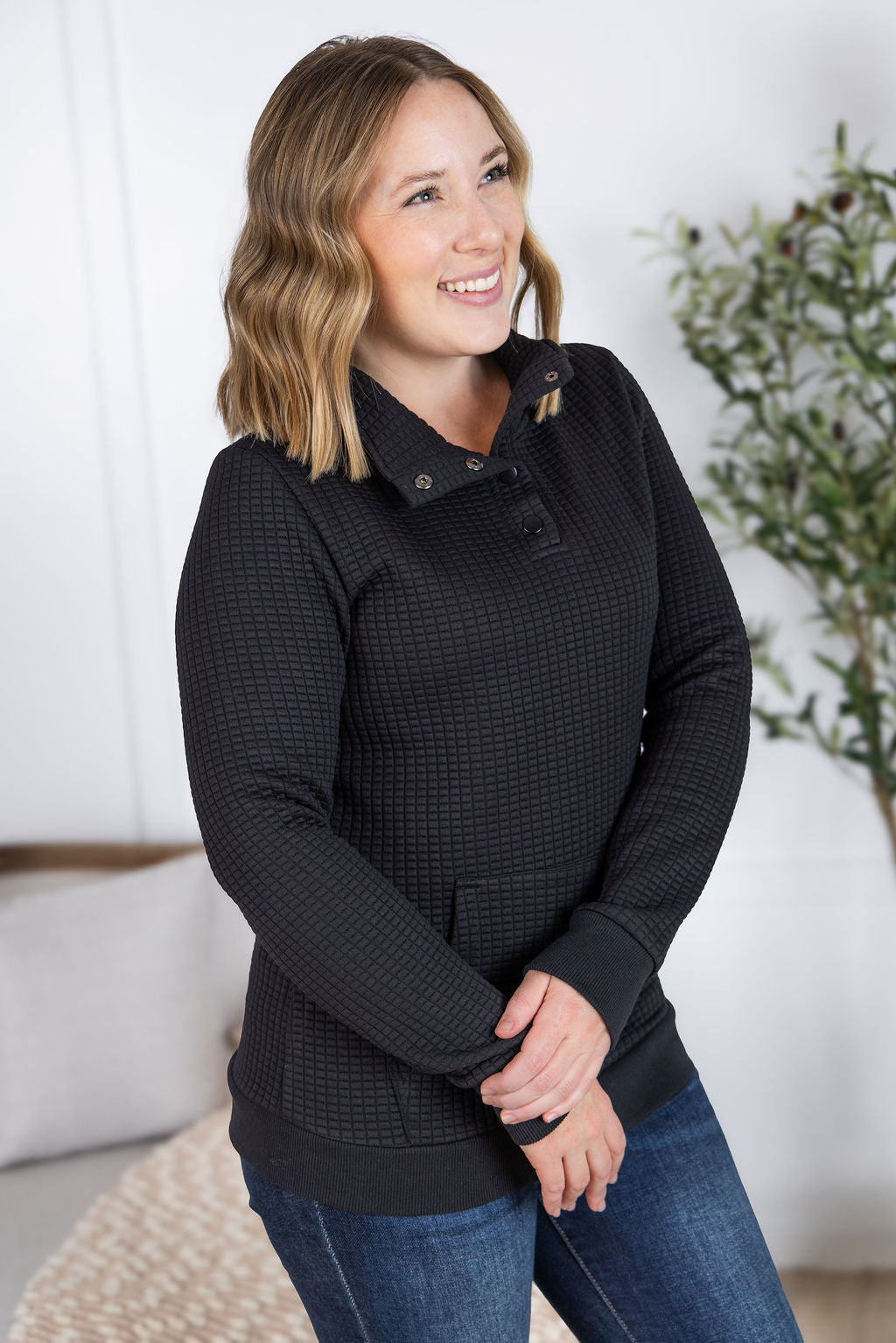 Michelle Mae Whitley Waffle Snap Pullover - Black