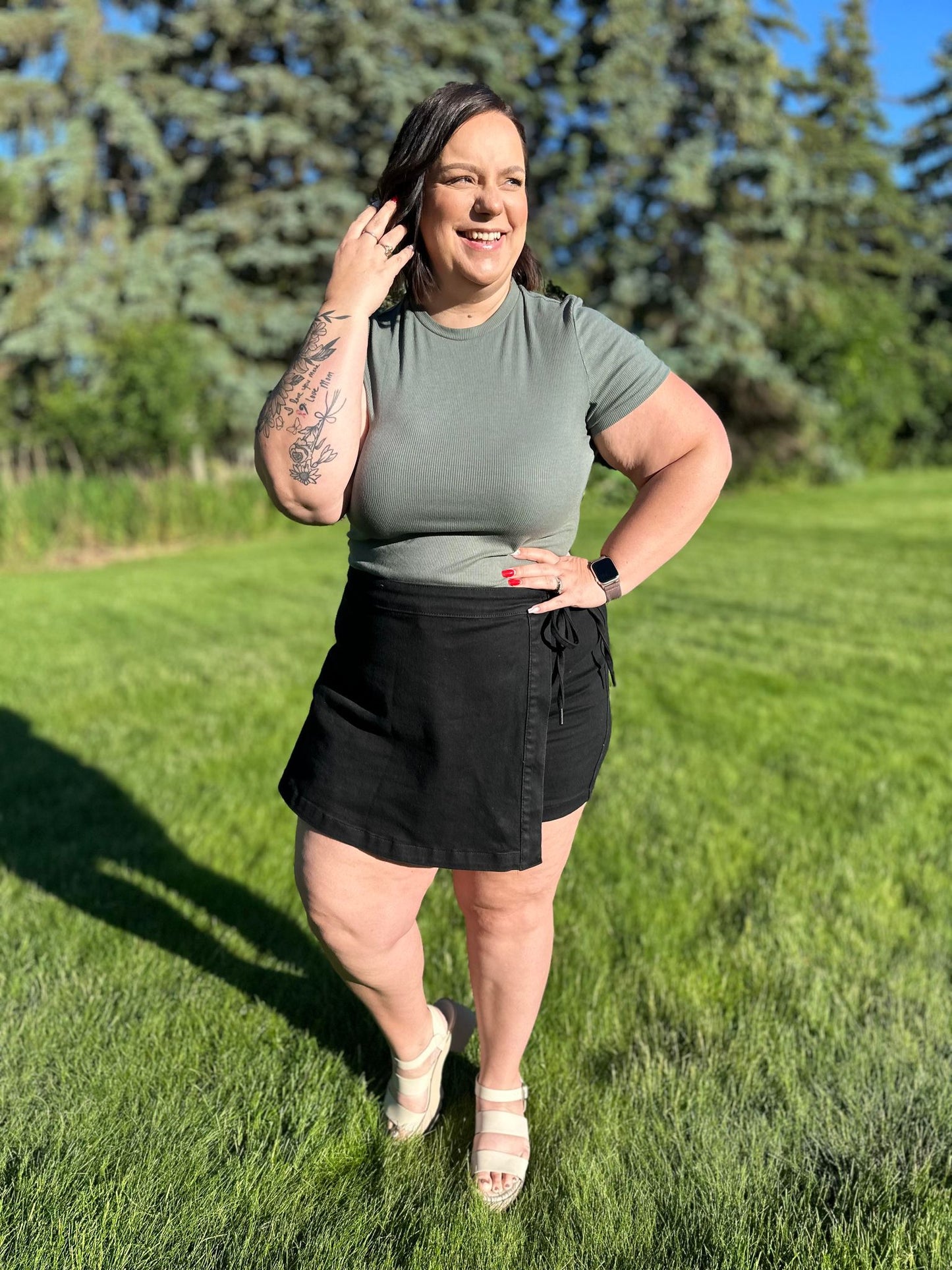 Bentli High Rise Side Tie Denim Skort in Black