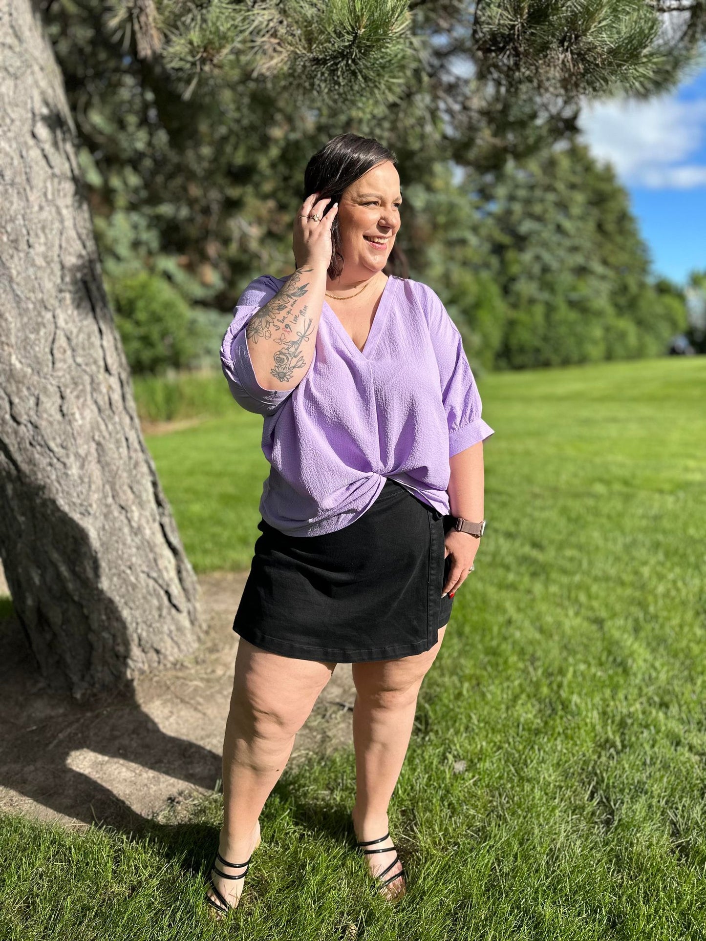 Bentli High Rise Side Tie Denim Skort in Black