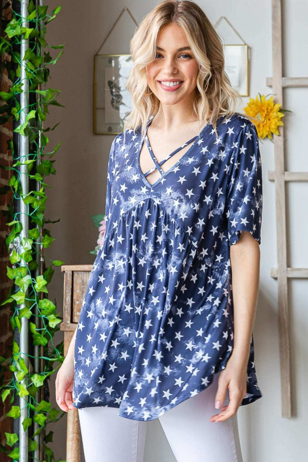 Crisscross Appl-Star Babydoll Top