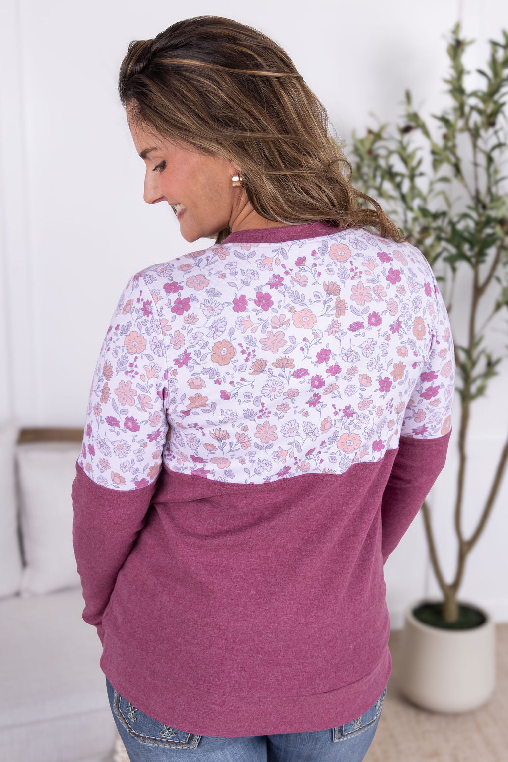 Michelle Mae Natalie Pullover - Pink Fall Vintage Floral and Raspberry