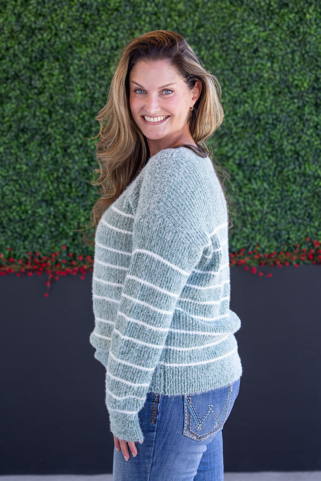 Michelle Mae Cozy Striped Sweater - Green