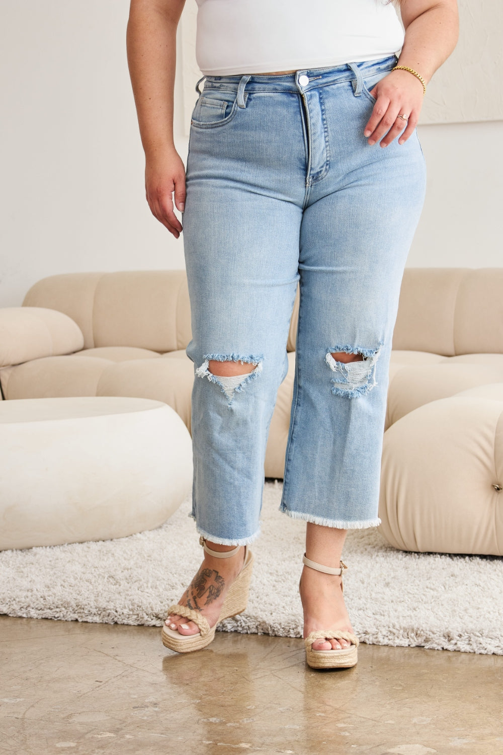 Tummy Control High Waist Raw Hem Jeans In Light Potassium