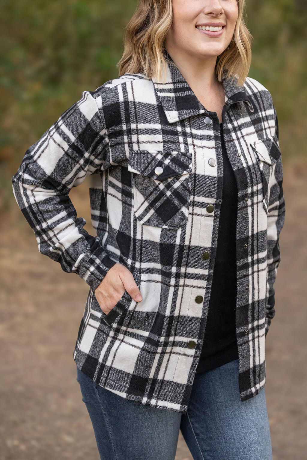 Michelle Mae Norah Plaid Shacket - Ivory and Black