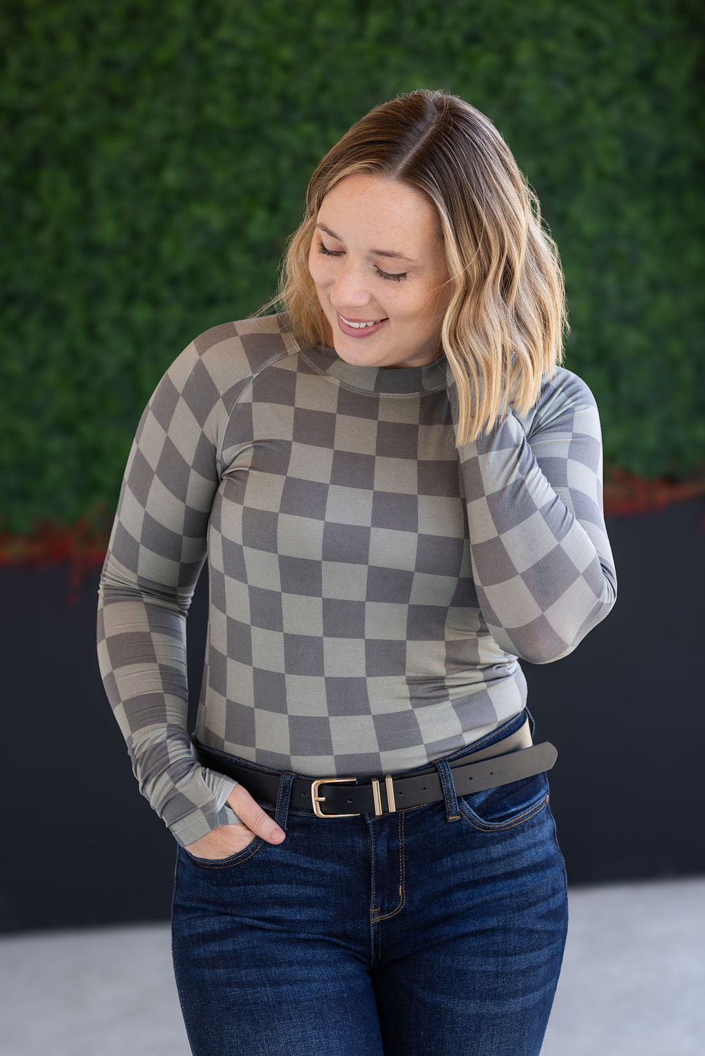 Michelle Mae Blair Long Sleeve Top - Olive Checkers