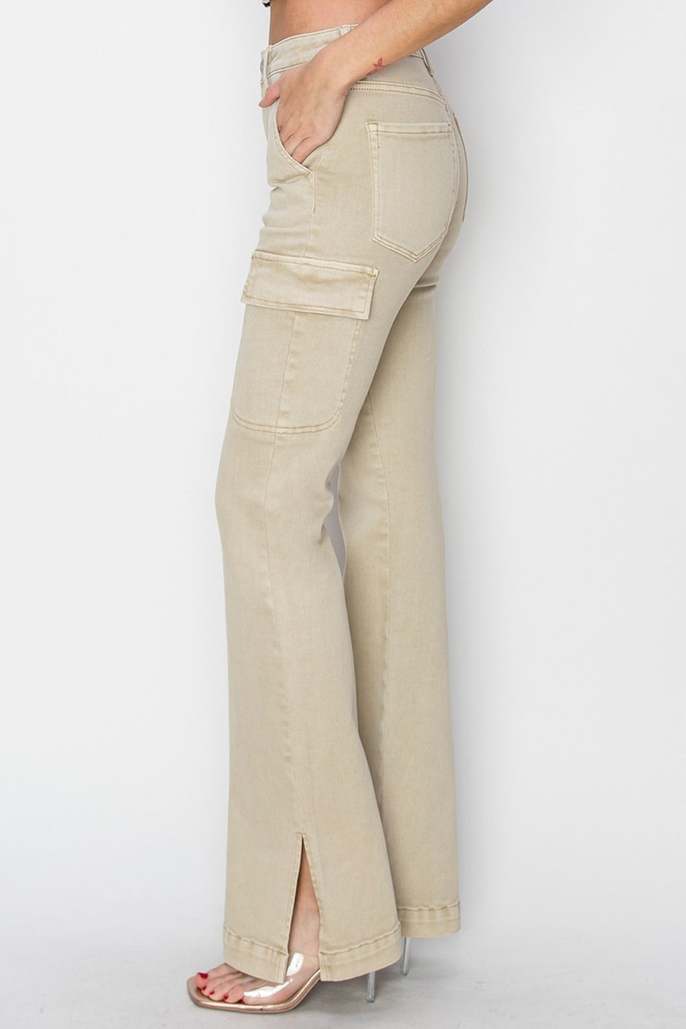 Sunshine On My Mind Side Slit Cargo Bootcut Jeans (STONE)