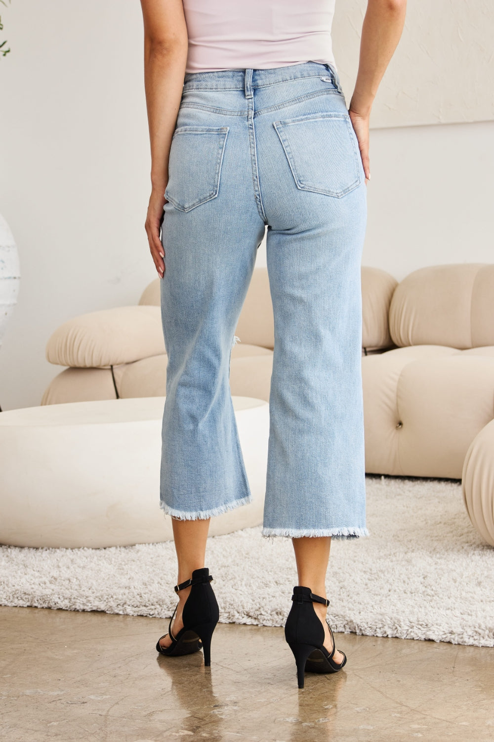 Tummy Control High Waist Raw Hem Jeans In Light Potassium