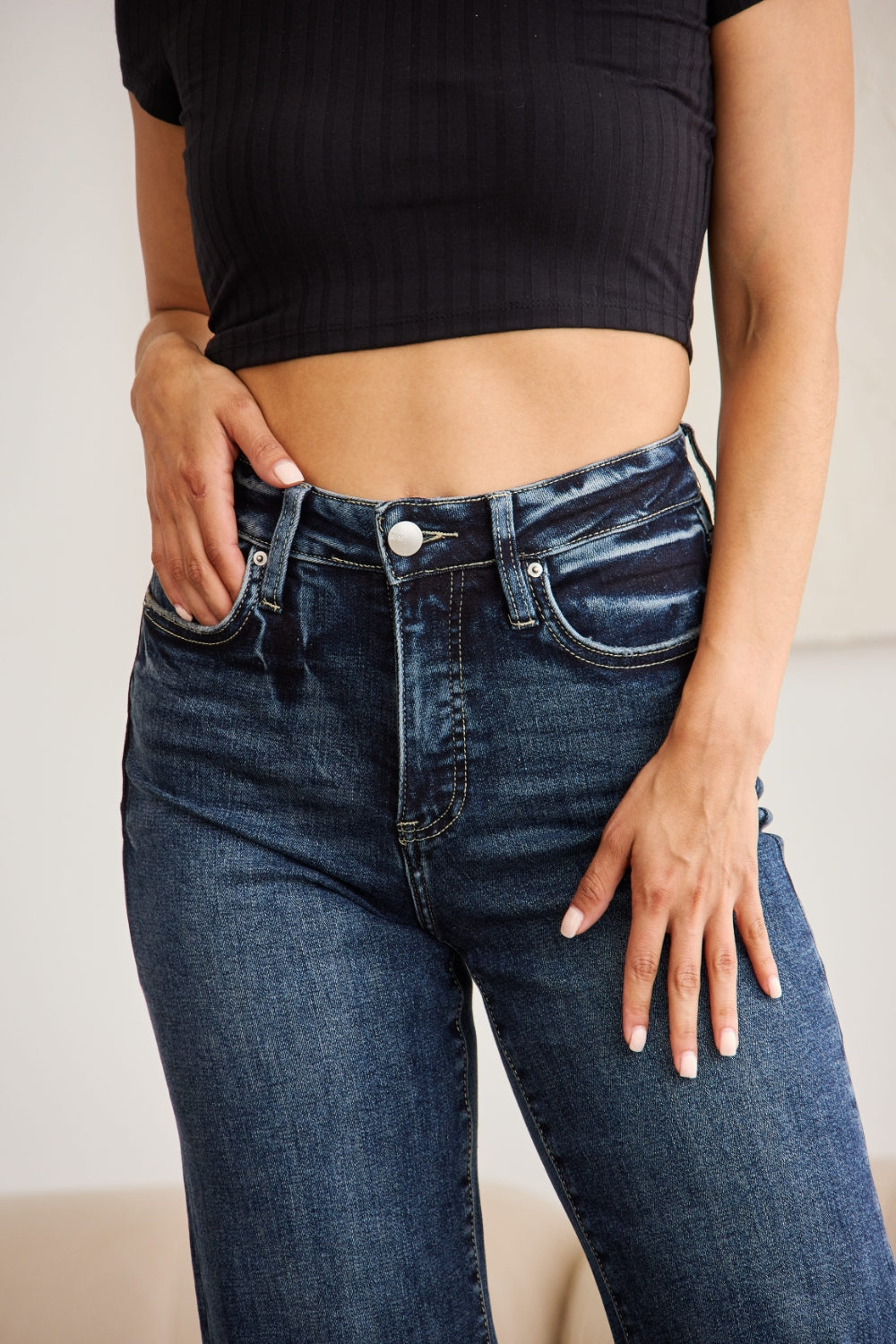 Tummy Control High Waist Raw Hem Jeans In Dark Potassium