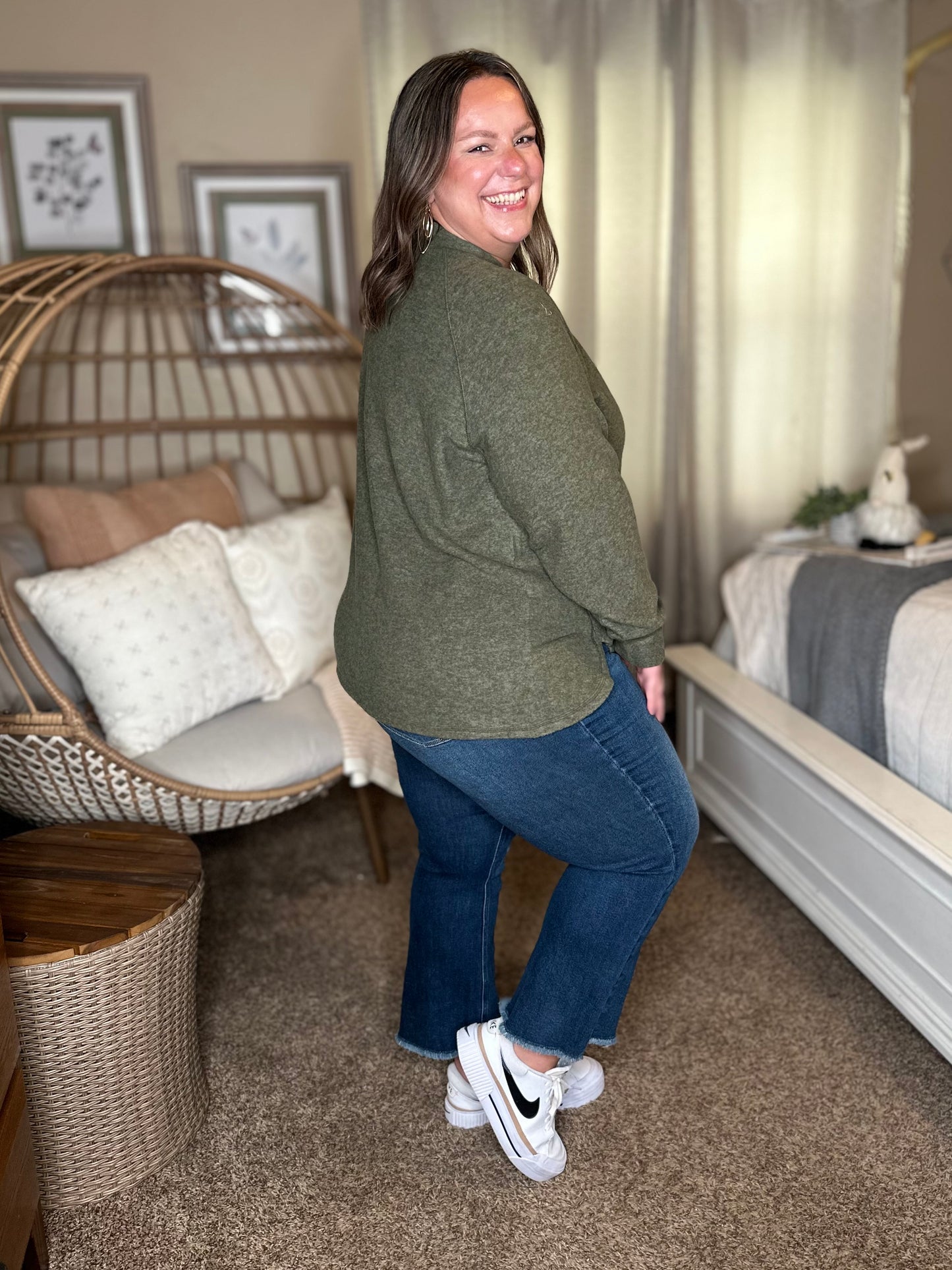 Urban Flux Scooped Hi-Low Long Pullover in Olive