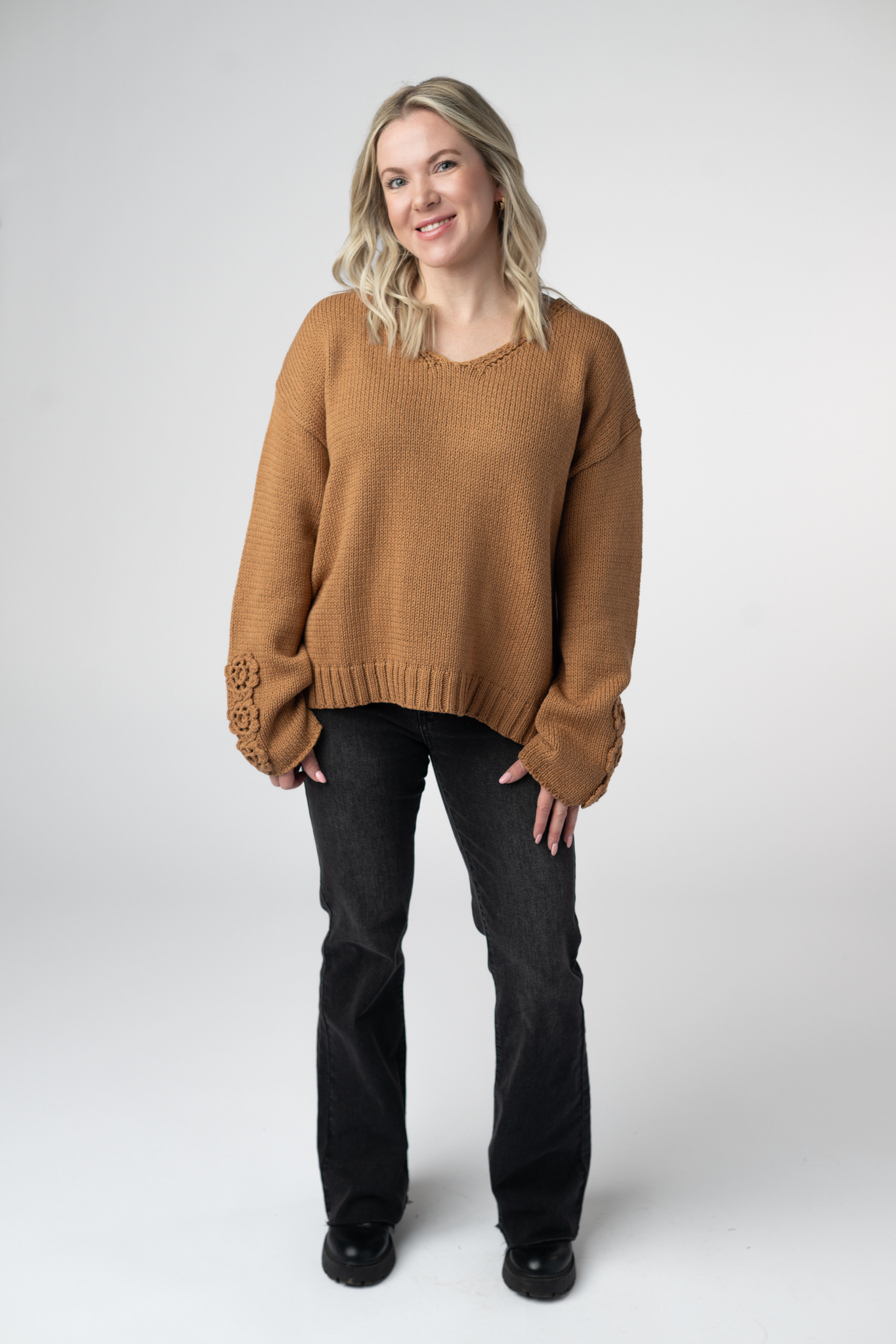 PREORDER Michelle Mae Crochet Sleeve Top - Camel