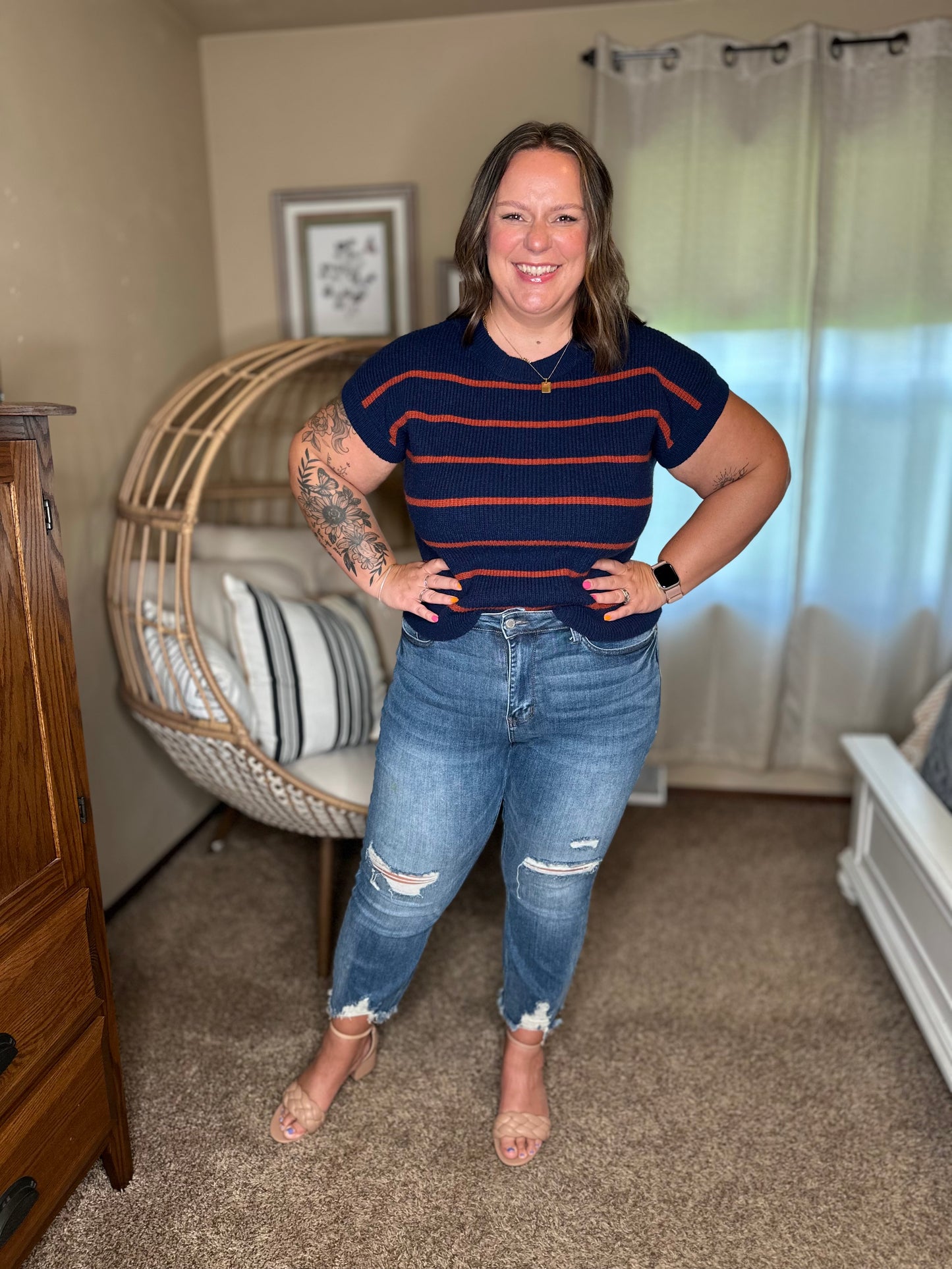 Michelle Mae Striped Sweater Top - Navy