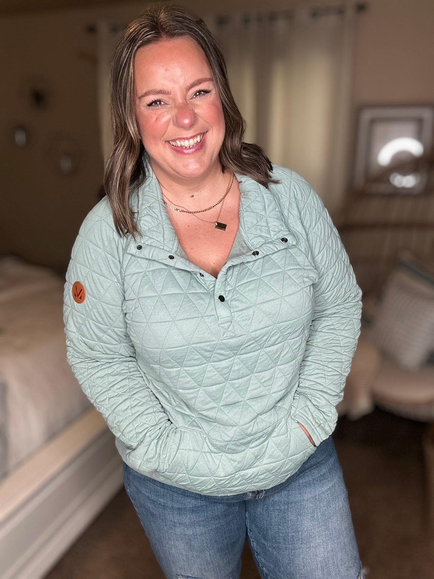 Michelle Mae Geometric Button Snap Pullover - Oatmeal