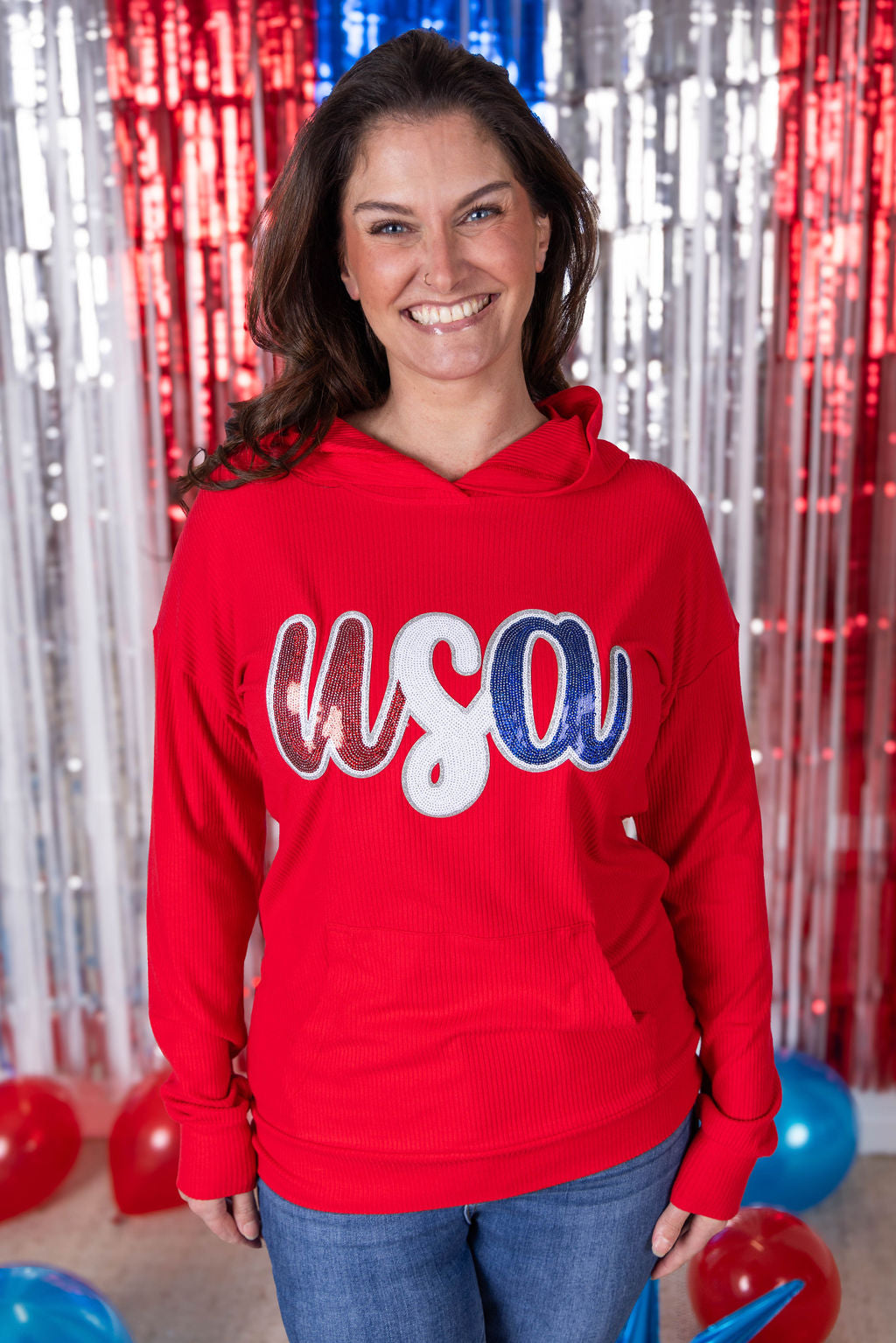 Michelle Mae Corrine Hoodie - Red USA Sequin