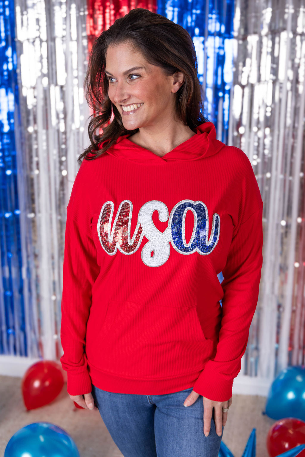 Michelle Mae Corrine Hoodie - Red USA Sequin