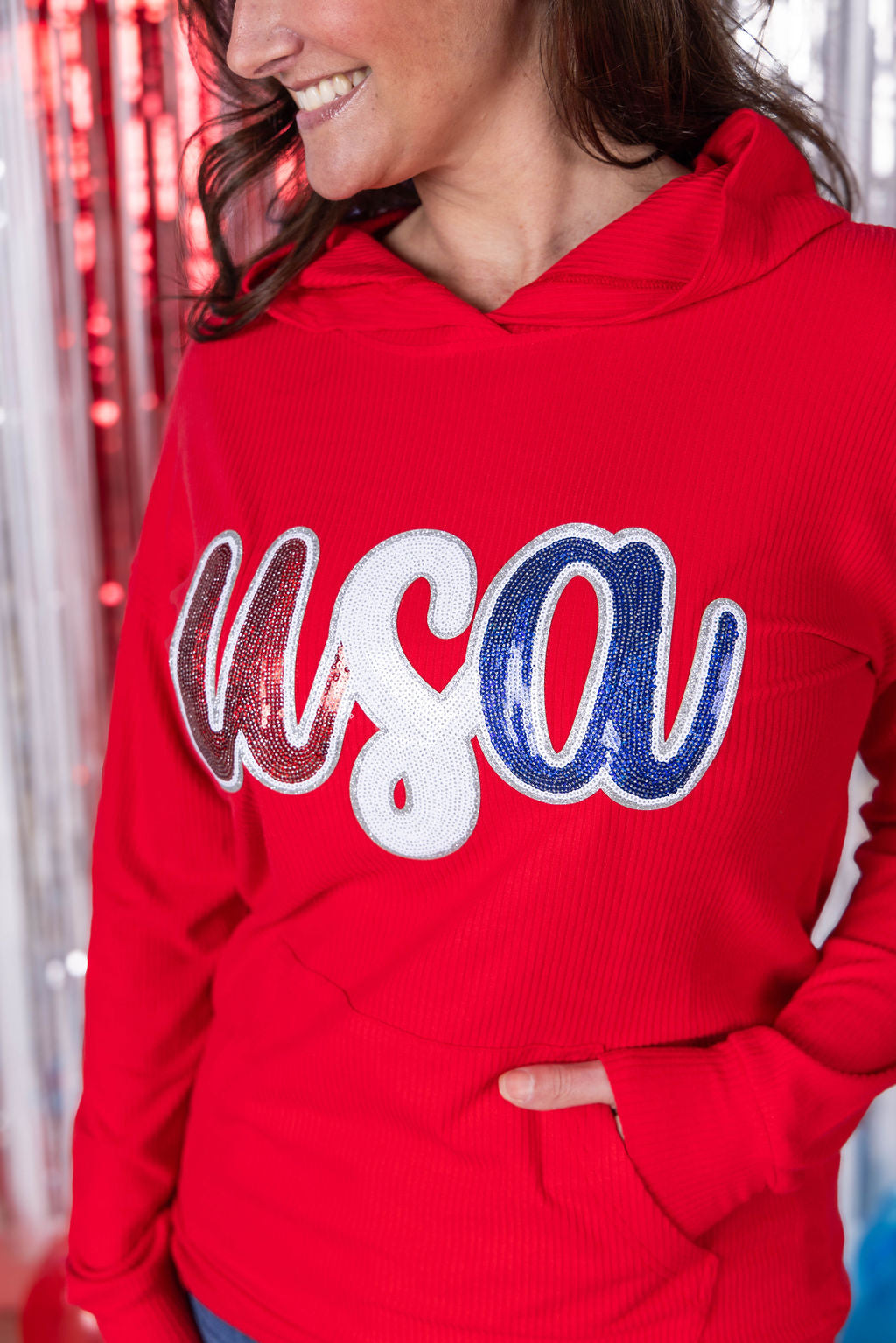 Michelle Mae Corrine Hoodie - Red USA Sequin