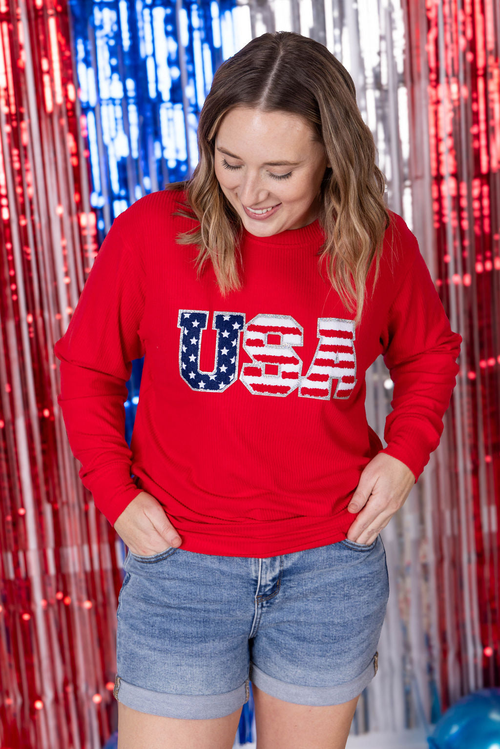 Michelle Mae Corrine Pullover Top - Red USA Flag