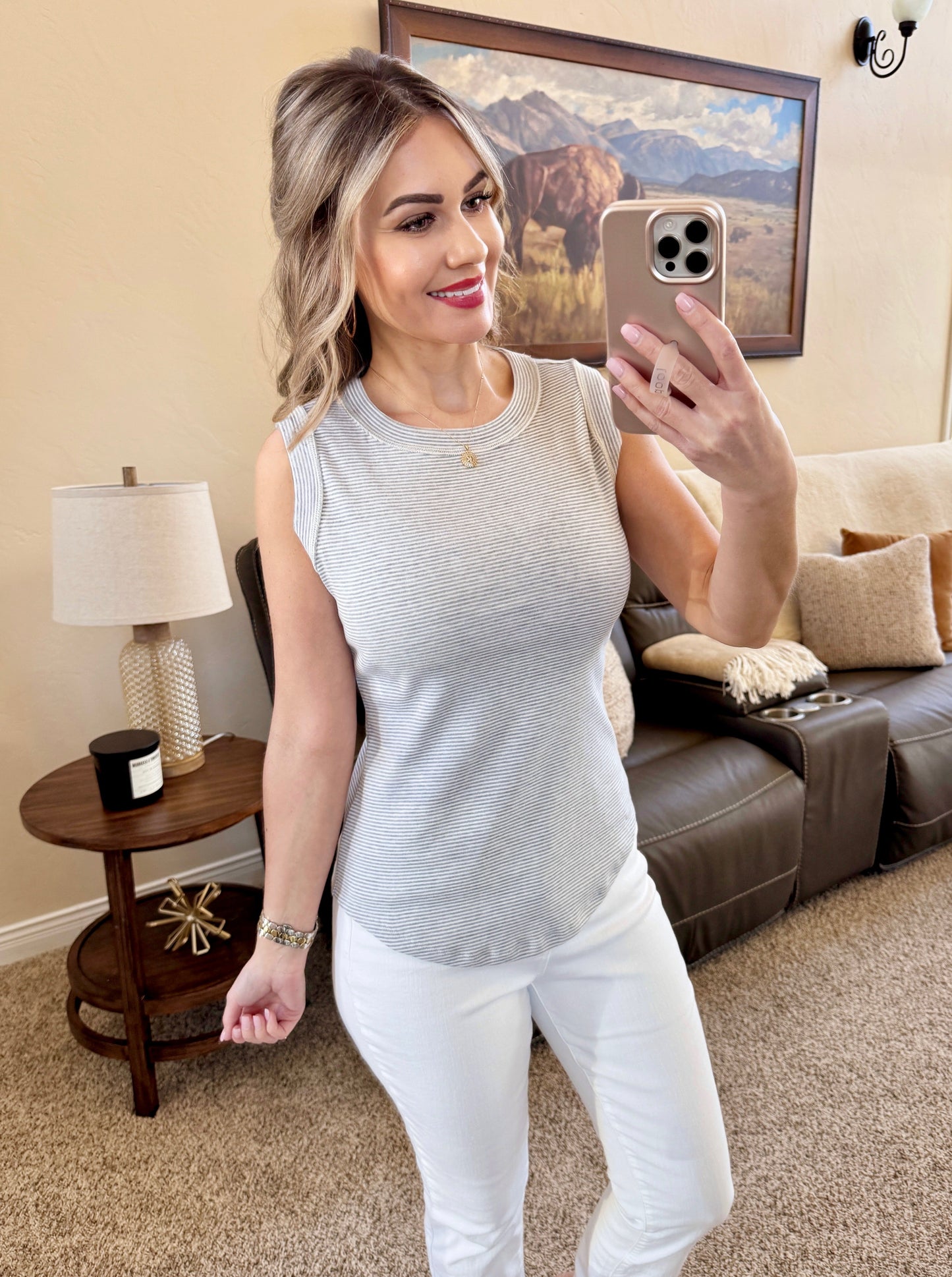 Michelle Mae Morgan Micro Striped Tank - Grey