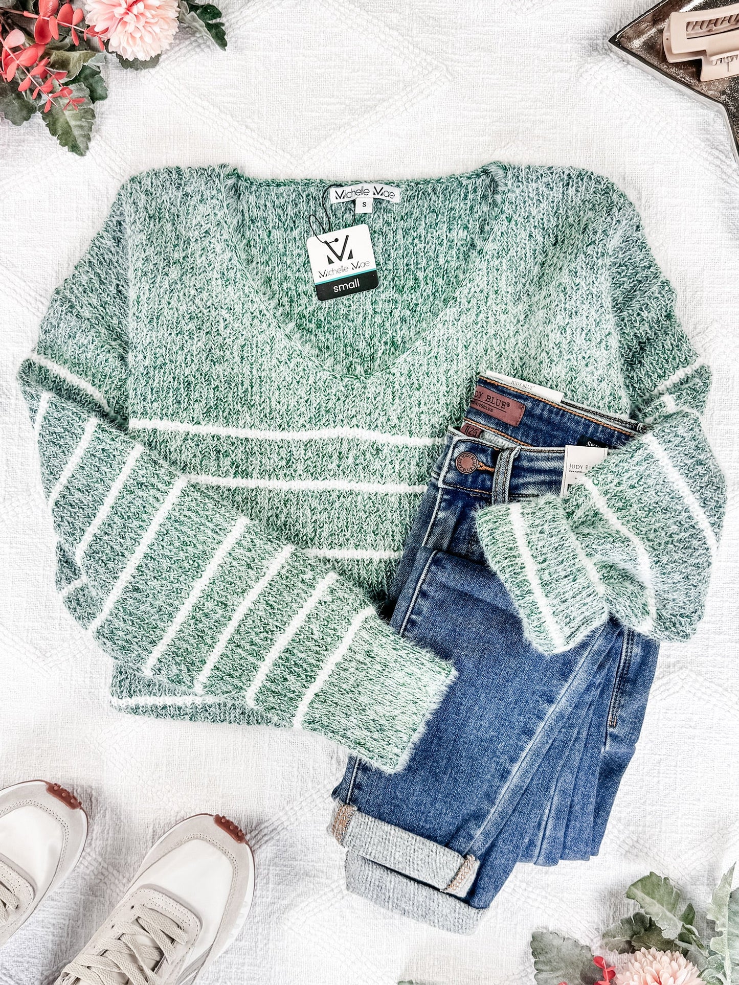 Michelle Mae Cozy Striped Sweater - Green