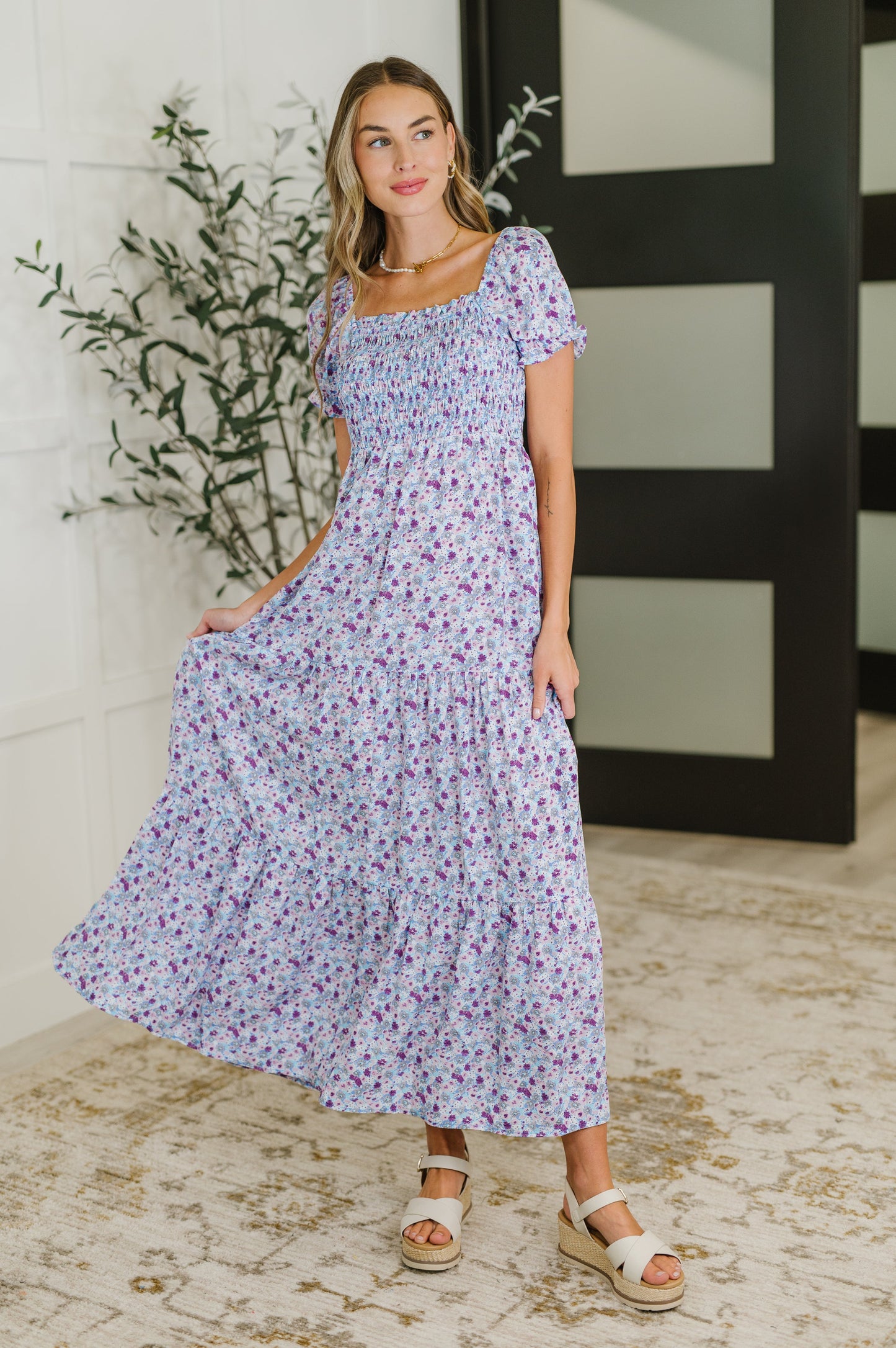Square Neck Dress in Purple Floral