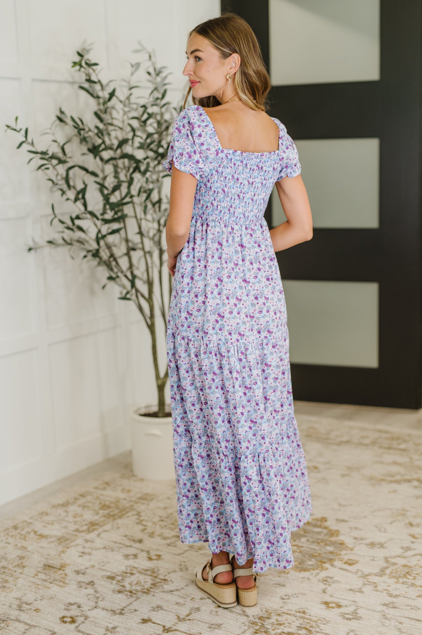 Square Neck Dress in Purple Floral
