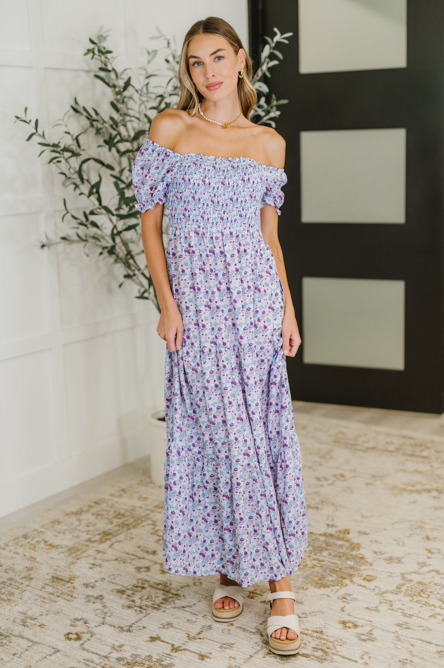 Square Neck Dress in Purple Floral