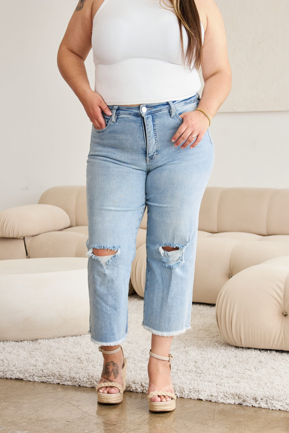 Tummy Control High Waist Raw Hem Jeans In Light Potassium